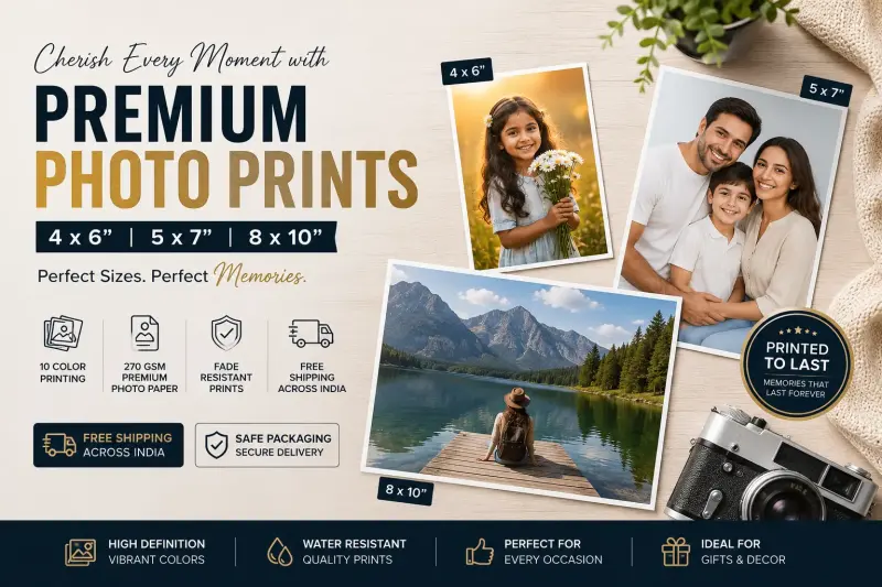 Luxury 4×6 photo prints lifestyle — wooden table, album, soft sunlight | PrintPosters.in
