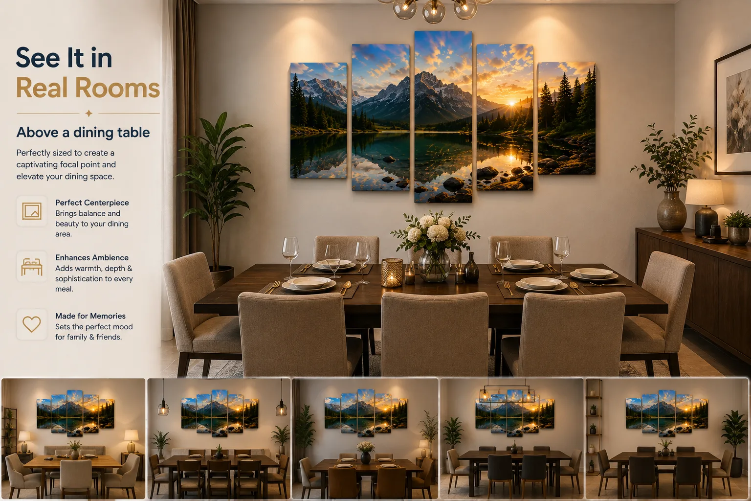Five-piece canvas above a dining table