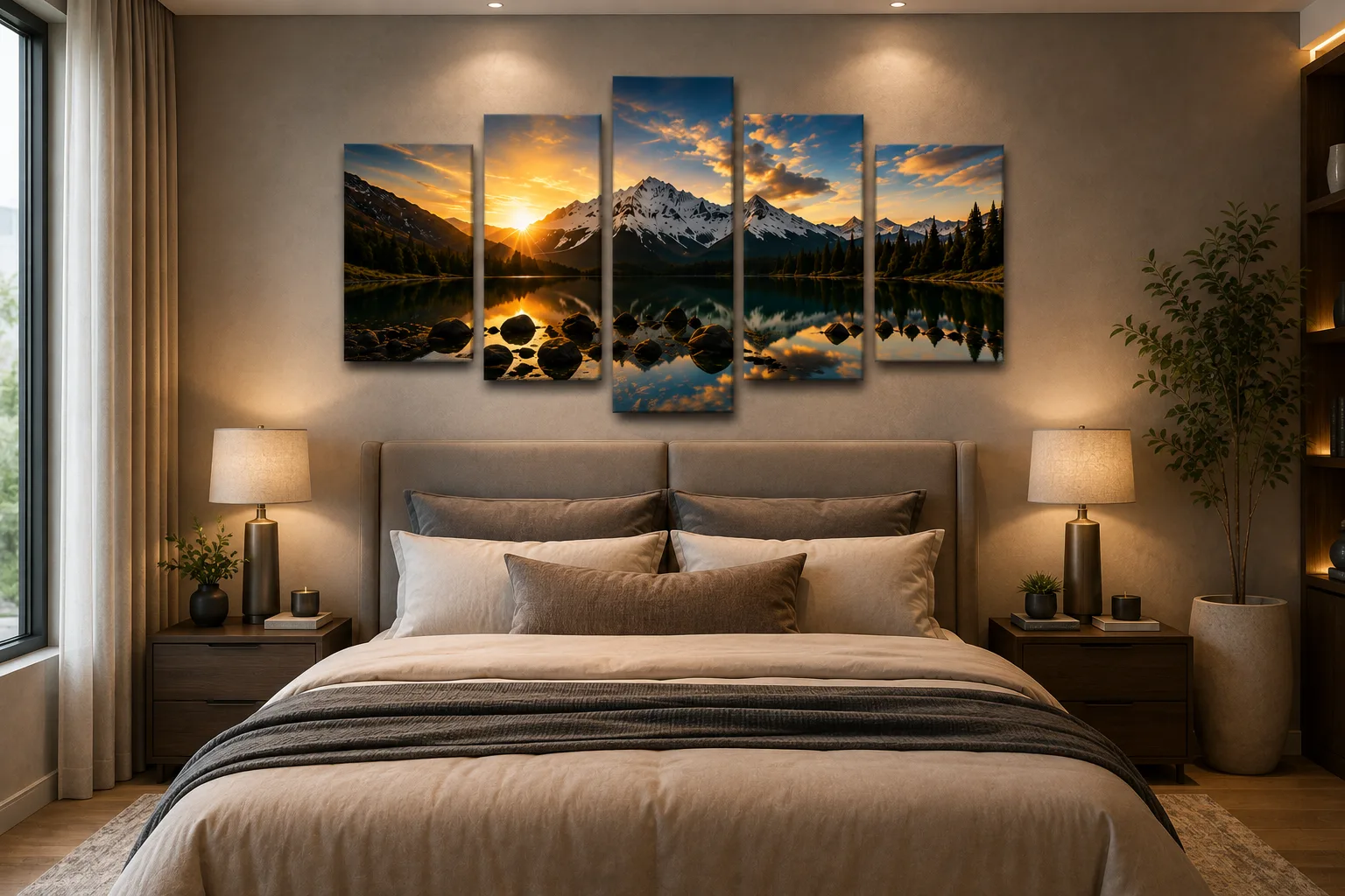 Five-piece canvas above a bedroom headboard