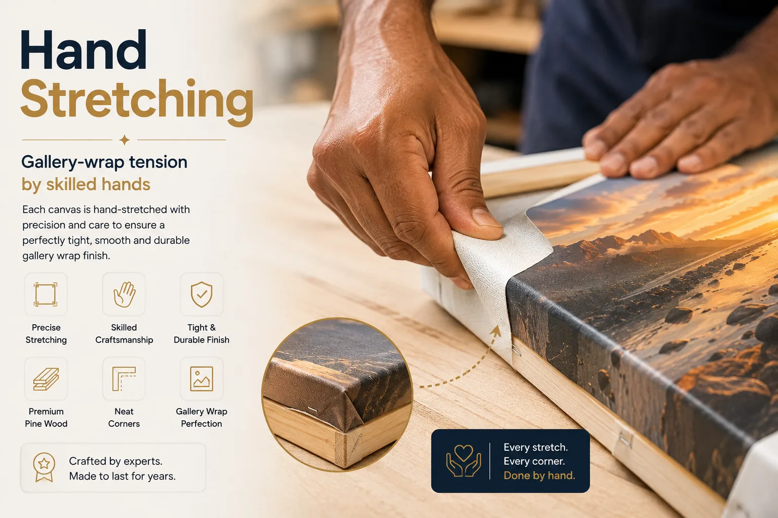 Solid pine stretcher bar and hand stretching