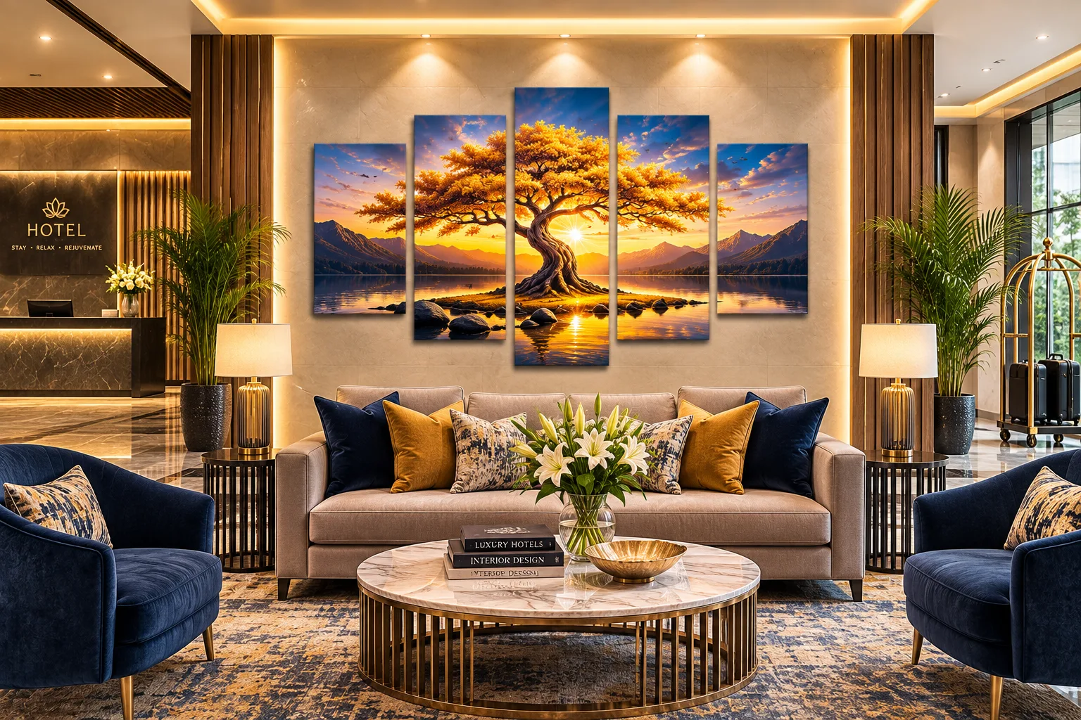 Five-piece canvas in a hotel lobby or reception