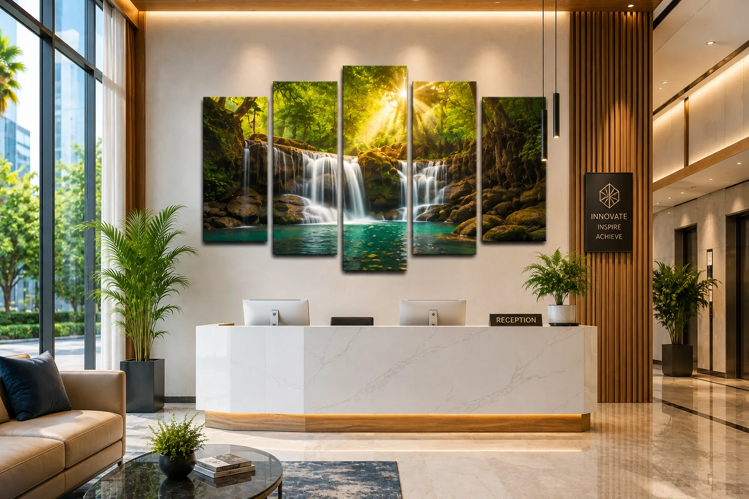 Five-piece canvas in a corporate reception area