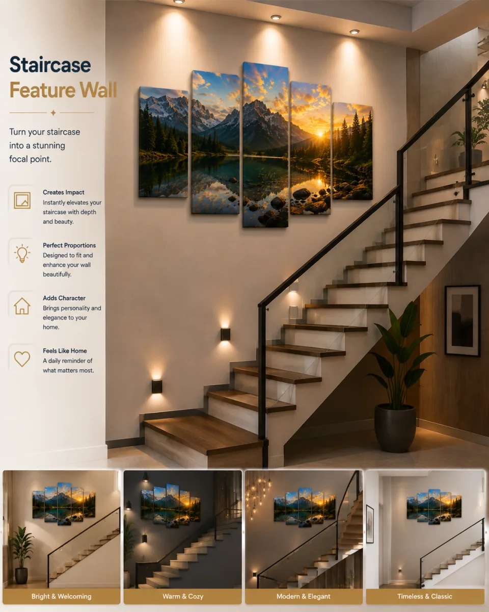 Five-piece canvas on a staircase wall
