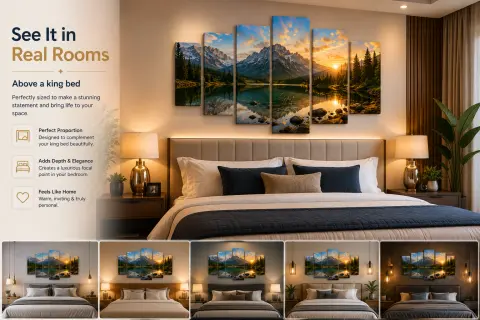 Five-piece canvas scale reference above a king bed | PrintPosters.in
