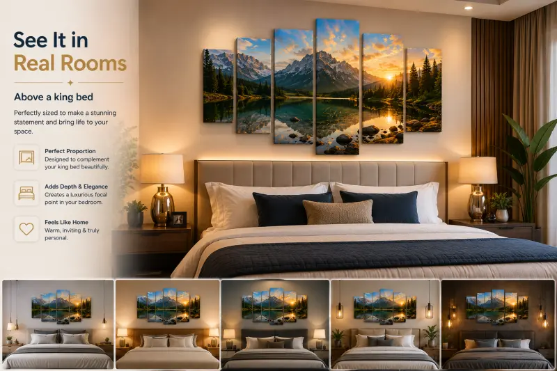 Five-piece canvas scale reference above a king bed | PrintPosters.in