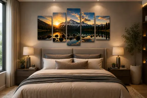 Five-piece canvas above king bed — calm bedroom retreat | PrintPosters.in