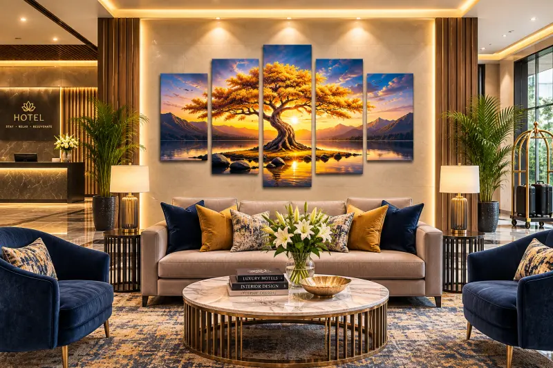 Five-piece canvas in a boutique hotel lobby | PrintPosters.in