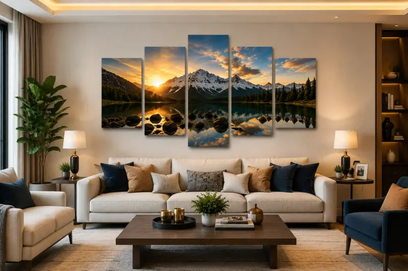 Five-piece canvas wall art above sofa in a modern Indian living room | PrintPosters.in