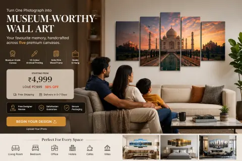 Family viewing custom five-piece canvas as a statement wall | PrintPosters.in