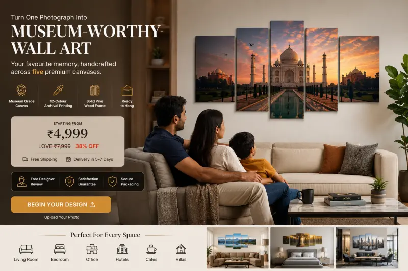 Family viewing custom five-piece canvas as a statement wall | PrintPosters.in