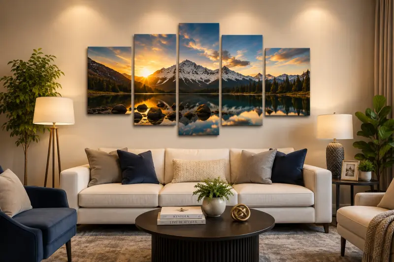 Five-piece canvas installed above a contemporary sofa | PrintPosters.in