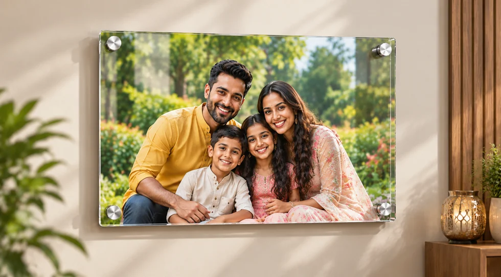 Front view of a clear acrylic photo frame with glossy finish