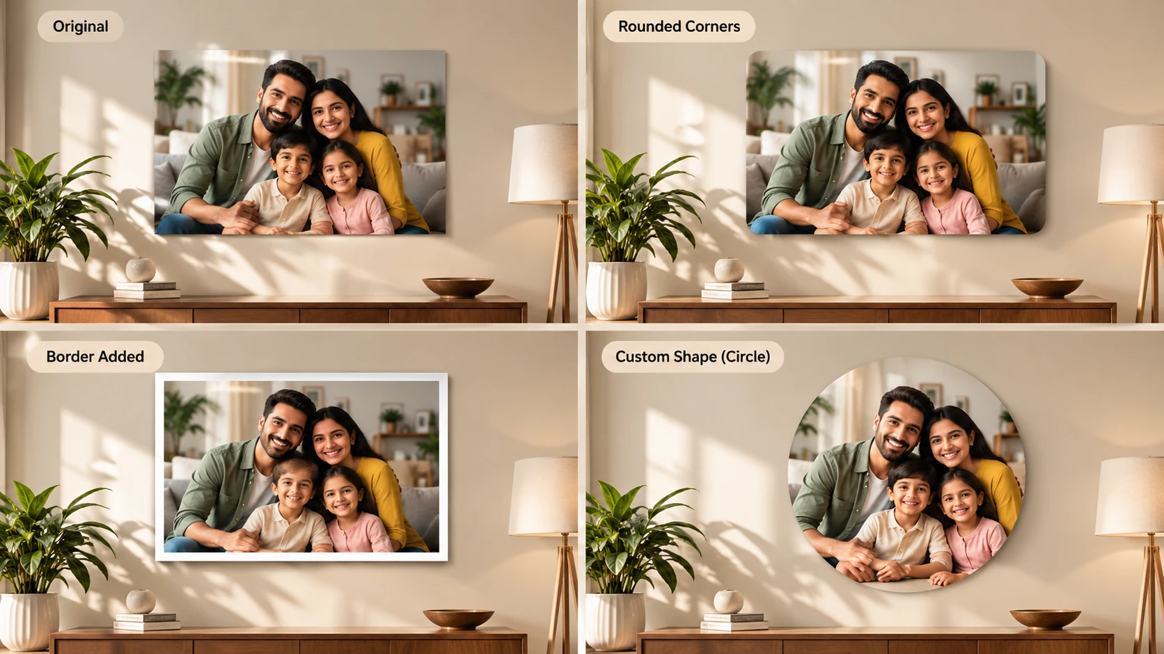Acrylic photo frame finishes — clear, white, black, and frosted options