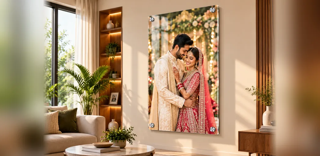Gallery-style acrylic portrait on a living room feature wall