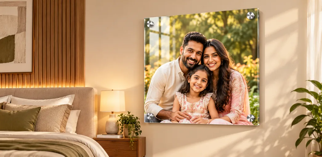 Square acrylic family photo displayed in a bedroom