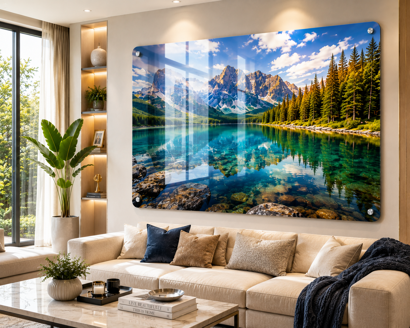 Statement acrylic photo frame on a living room wall