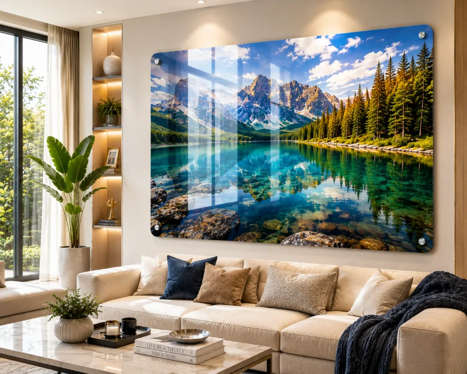 Statement acrylic photo frame on a living room wall