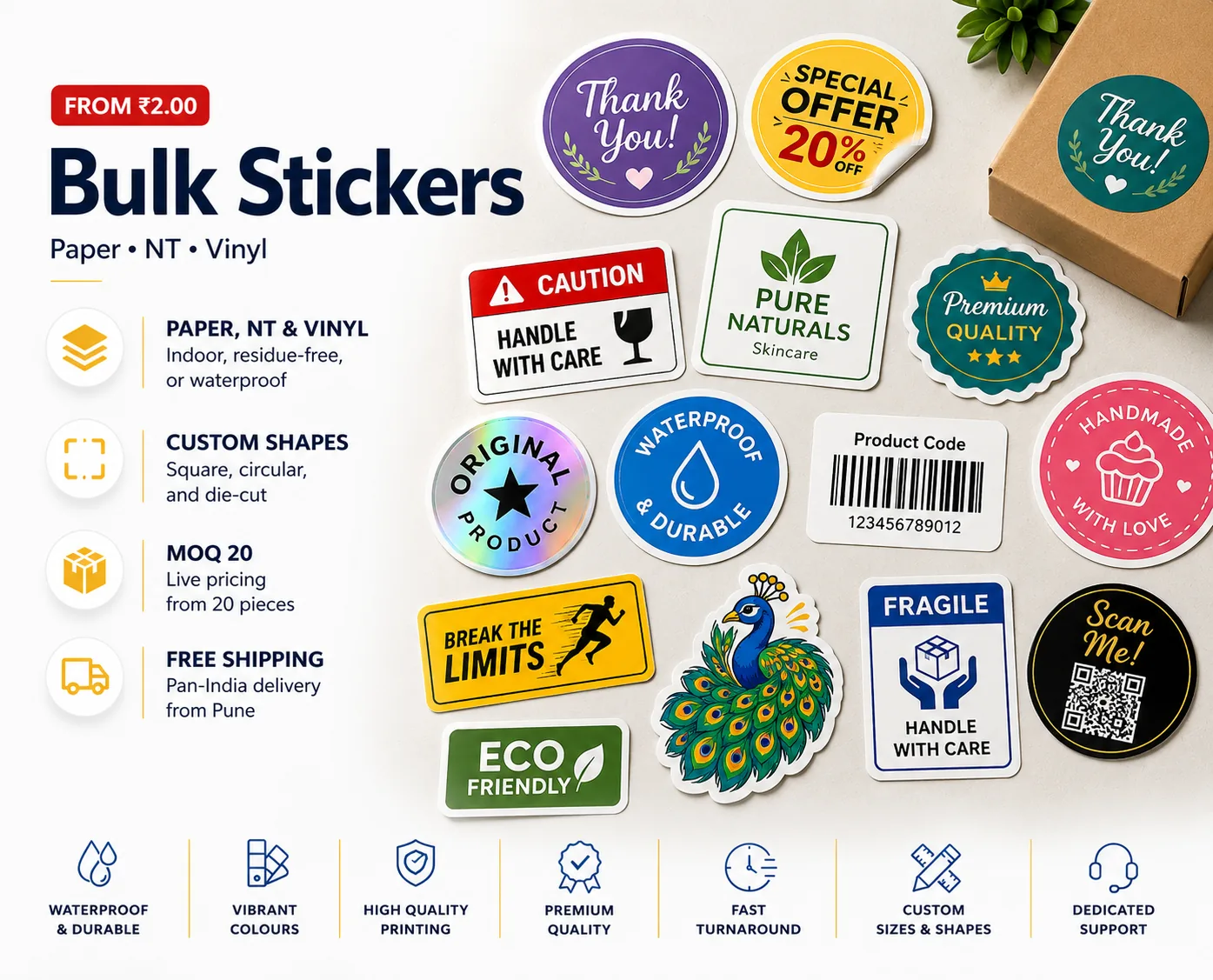 Bulk stickers printed and cut at PrintPosters.in — paper, NT and vinyl all run through the same process