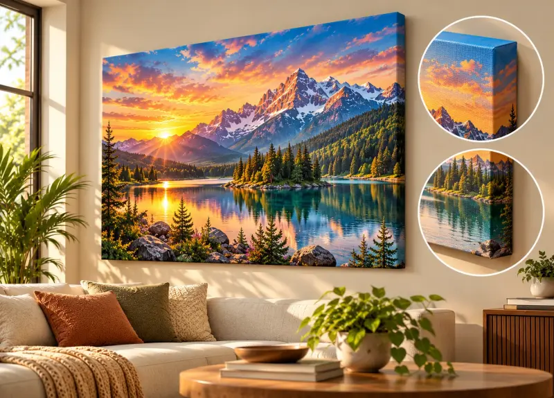 Gallery-wrapped mountain lake sunset canvas in a living room — PrintPosters.in