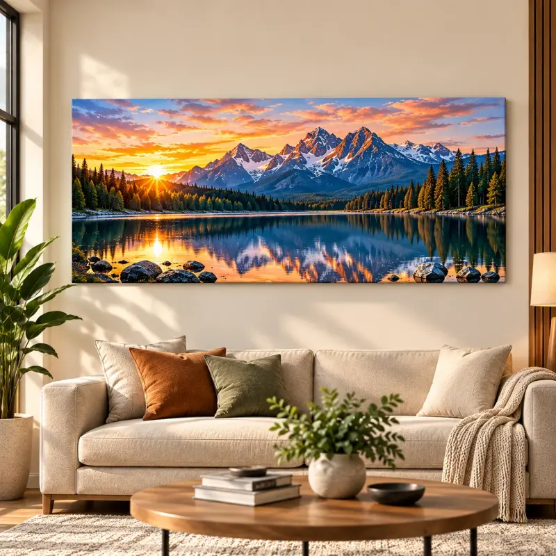 Golden hour mountain lake living room — panoramic canvas — PrintPosters.in