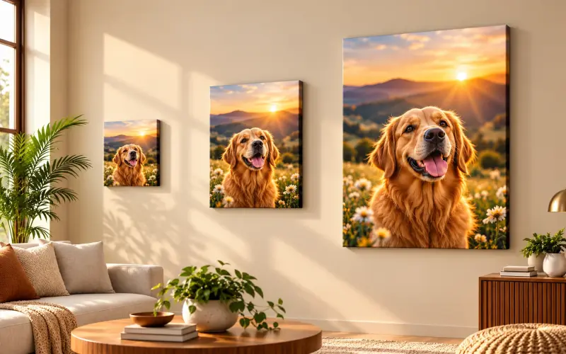 Golden retriever gallery wall showing canvas size options — PrintPosters.in