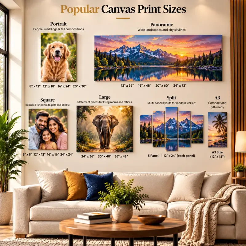 Popular canvas print sizes in a modern living room — PrintPosters.in