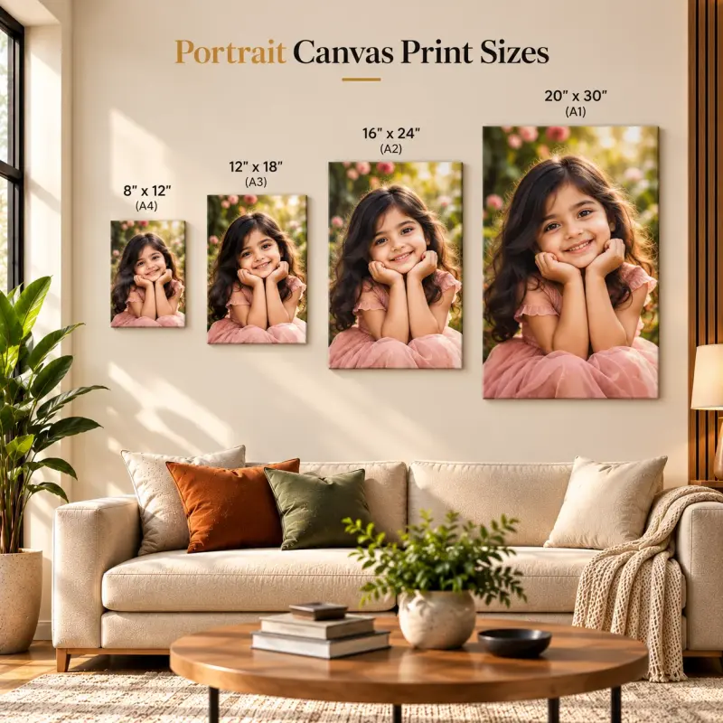Portrait canvas sizes in a cosy living room — PrintPosters.in