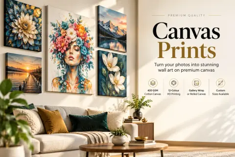 Premium canvas prints in a styled interior — PrintPosters.in