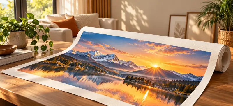 Rolled canvas landscape in a sunlit studio — PrintPosters.in