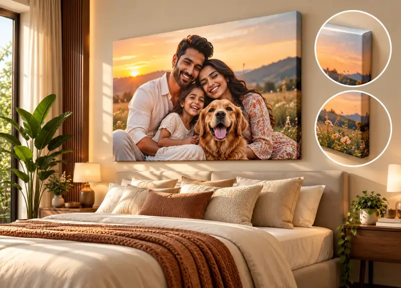 Sunlit bedroom with family canvas portrait — PrintPosters.in