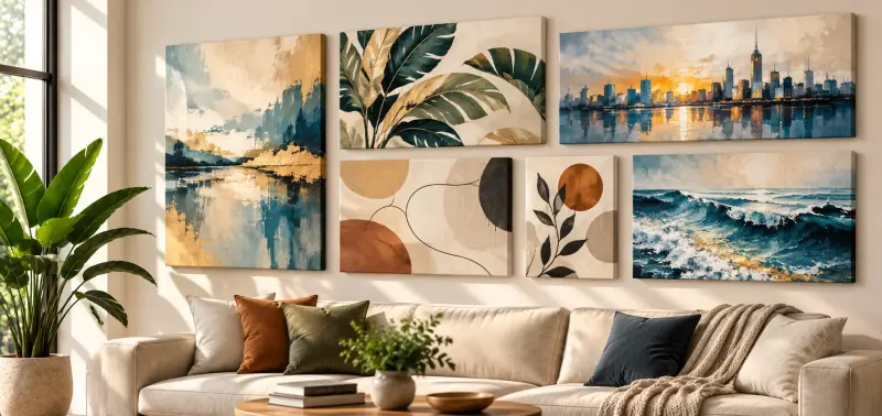 Sunlit gallery wall living room — canvas collection — PrintPosters.in
