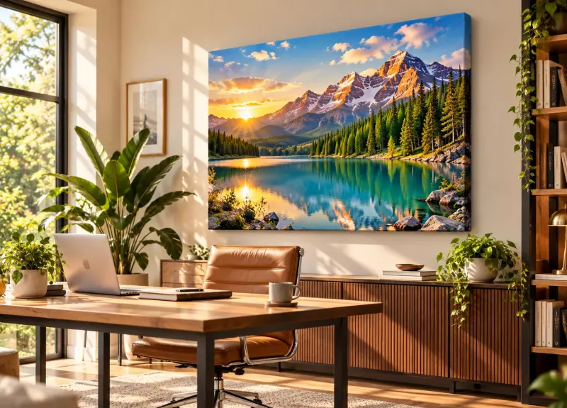 Sunlit home office with mountain lake canvas art — PrintPosters.in