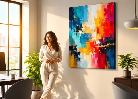 Sunlit interior with vibrant abstract canvas art — PrintPosters.in