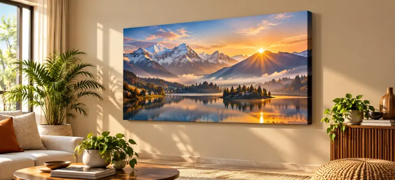 Sunlit living room with mountain lake gallery-wrap canvas — PrintPosters.in
