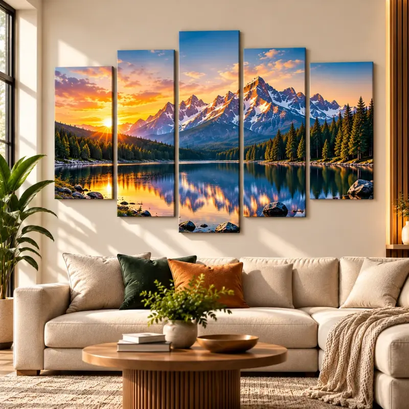 Sunlit mountain lake living room — split canvas — PrintPosters.in