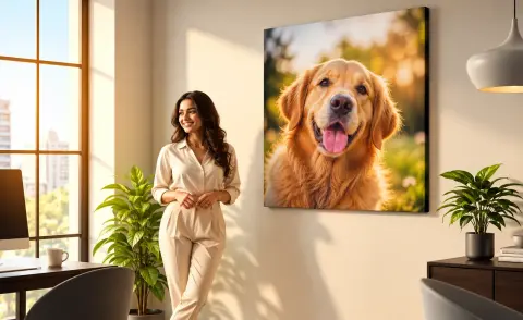 Sunlit office with golden retriever canvas wall art — PrintPosters.in