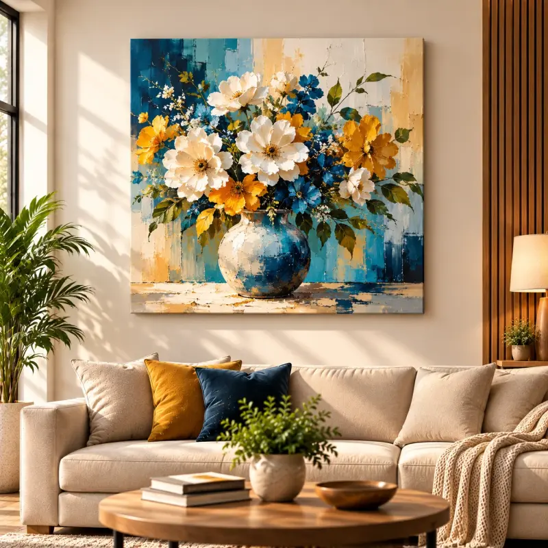 Sunny living room floral focal point — square canvas — PrintPosters.in