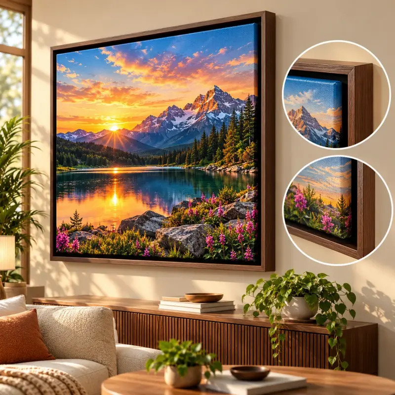 Walnut-framed alpine sunset canvas display — PrintPosters.in