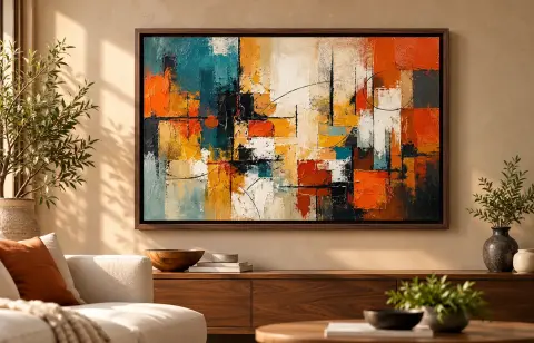 Warm modern living room gallery with canvas wall art — PrintPosters.in