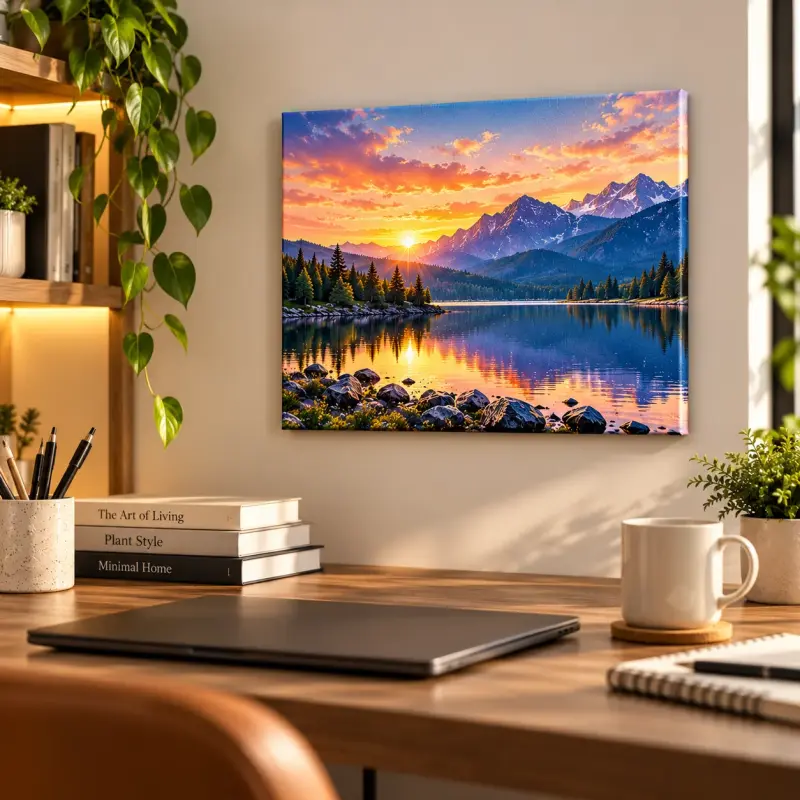 Warm sunset lake workspace — A3 canvas — PrintPosters.in