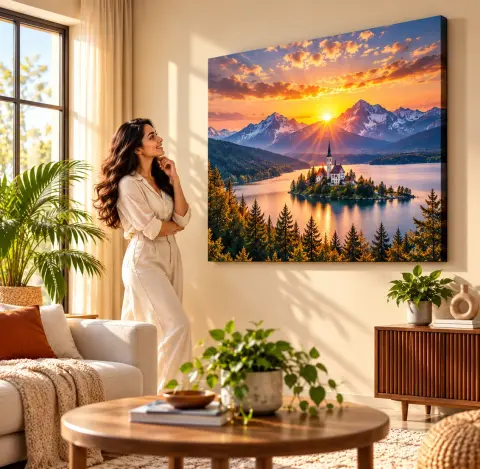 Woman admiring a mountain lake canvas print on the wall — PrintPosters.in