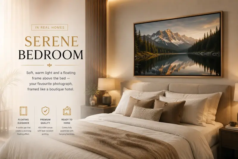 Serene bedroom canvas floater frame above the bed | PrintPosters.in