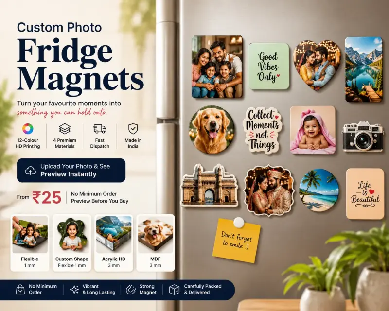Custom photo fridge magnets on a refrigerator — PrintPosters.in lab sample