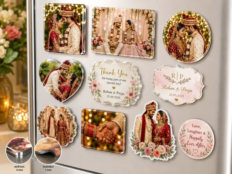 Wedding favour photo fridge magnets for guests — bulk printing India