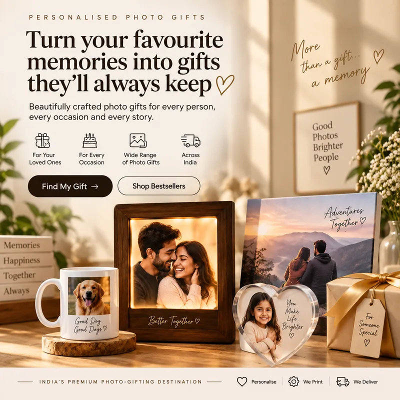 Personalised photo gifts banner with a glowing LED couple frame, canvas print, heart acrylic, photo mug and gift box