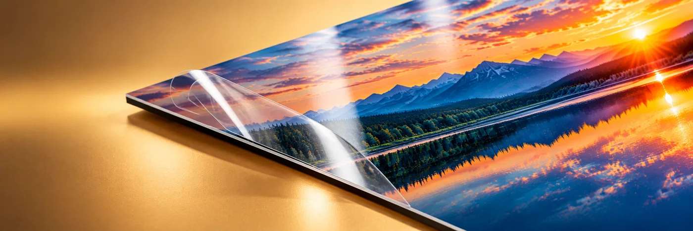 Glossy protective film over a finished print