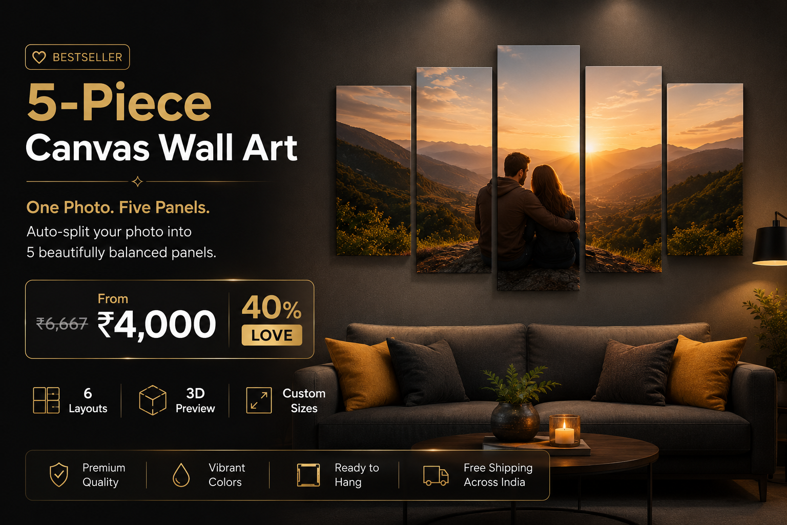 5-Piece Canvas Wall Art — one photo split into five balanced panels