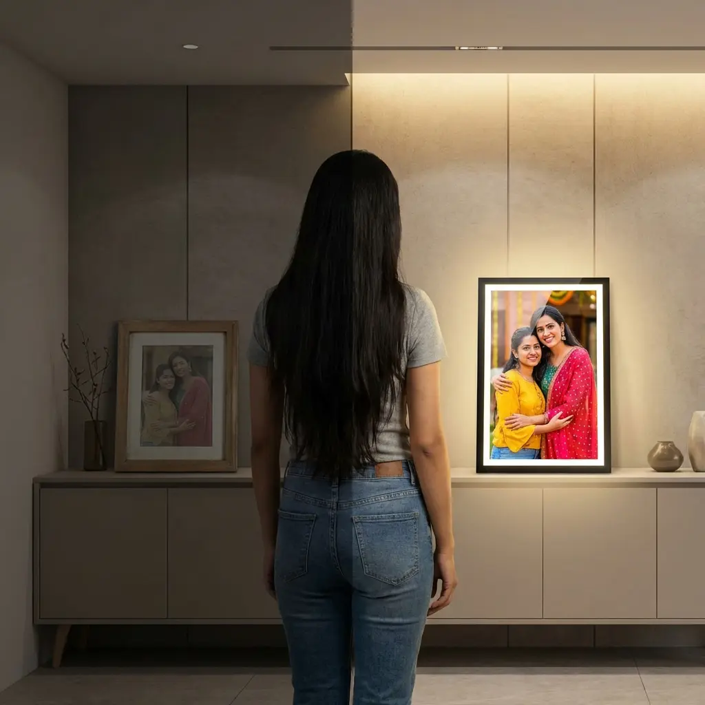 Customer LED frame bedroom installation | PrintPosters.in