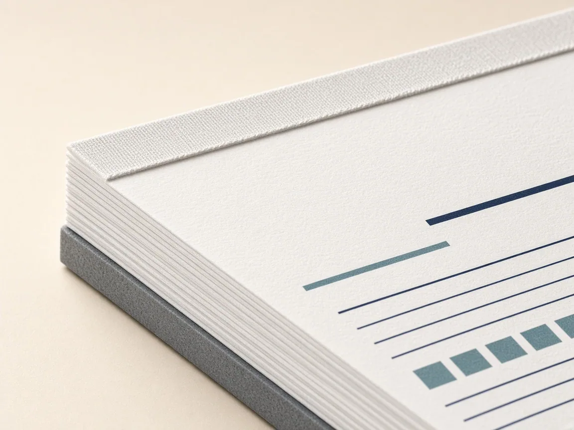 Close-up of top-glue pad binding and sturdy backing board