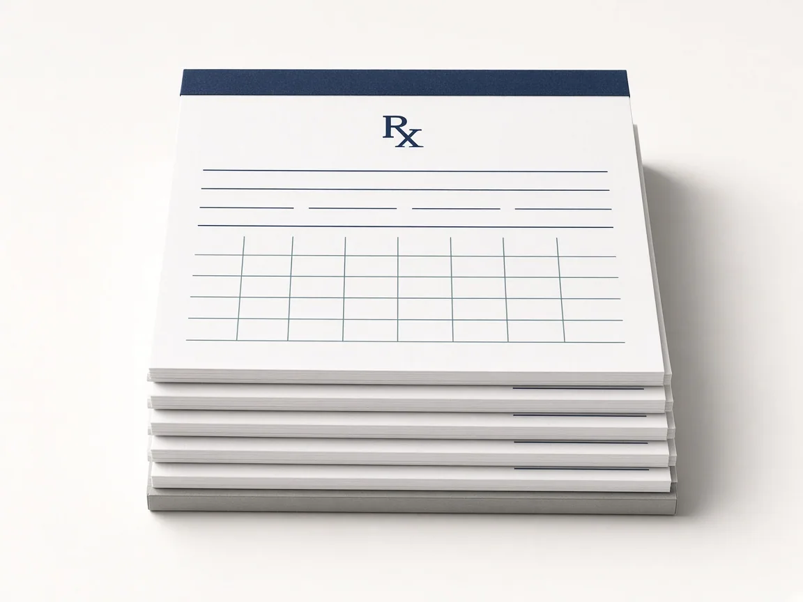 Five prescription pads configured with 100 sheets per pad